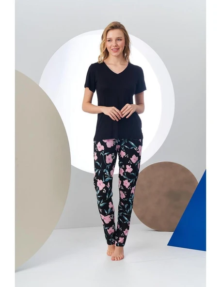 Pjs 24168 Kadın Kısa Kollu V Yaka Desenli Pijama Takım - 3