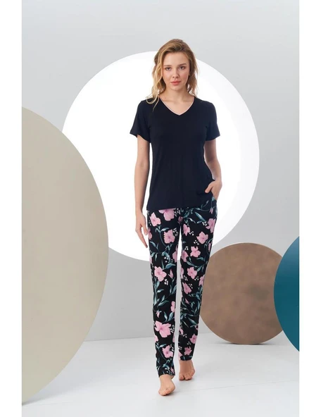 Pjs 24168 Kadın Kısa Kollu V Yaka Desenli Pijama Takım - 5