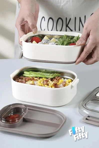 Vagonlife 1000 ML İki Kat Üç Bölme Paslanmaz Çelik Bento Lunch Box Yeni Nesil Sefer Tası-Sos Kaseli Mode - 6
