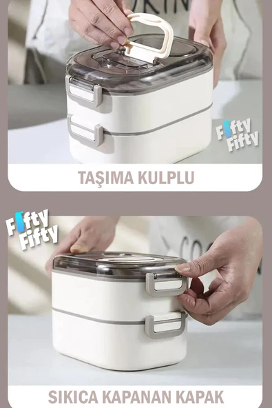 Vagonlife 1000 ML İki Kat Üç Bölme Paslanmaz Çelik Bento Lunch Box Yeni Nesil Sefer Tası-Sos Kaseli Mode - 5