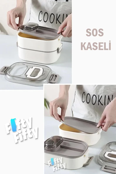 Vagonlife 1000 ML İki Kat Üç Bölme Paslanmaz Çelik Bento Lunch Box Yeni Nesil Sefer Tası-Sos Kaseli Mode - 12