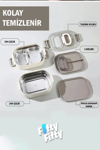 Vagonlife 1000 ML İki Kat Üç Bölme Paslanmaz Çelik Bento Lunch Box Yeni Nesil Sefer Tası-Sos Kaseli Mode - 8