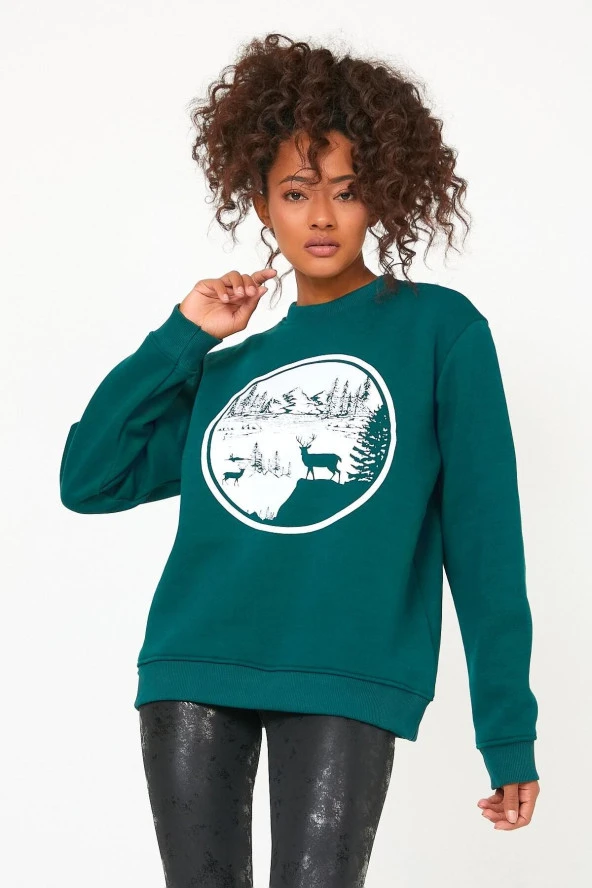 Store Kadın Sweatshirt Içi Polarlı Baskılı Oversize Outdoor Sweatshirt