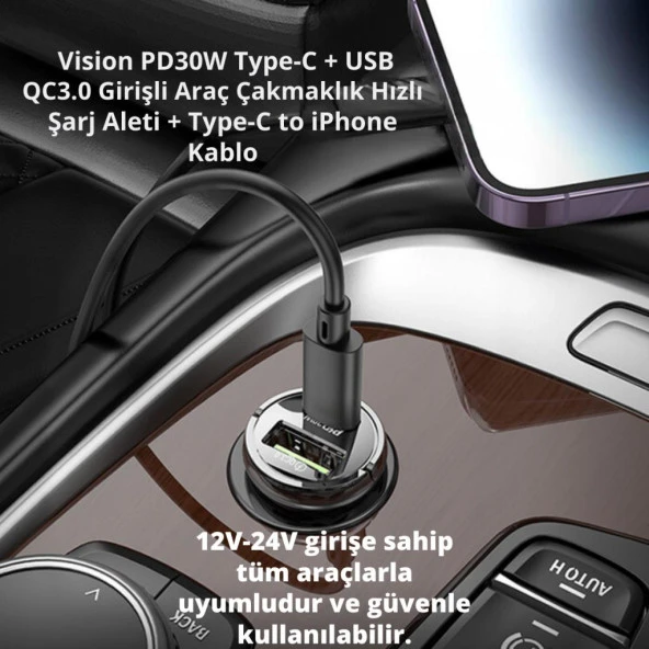 Coofbe HC Super Şarj USb Type-C Girişli Ve İphone Şarj Kablolu PD30W Araç Şarjı Araç Çakmaklık Hızlı Şarj Aleti - 2