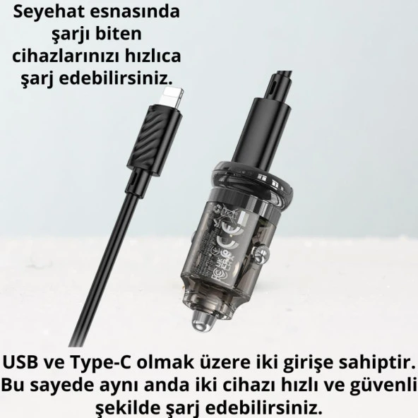 Coofbe HC Super Şarj USb Type-C Girişli Ve İphone Şarj Kablolu PD30W Araç Şarjı Araç Çakmaklık Hızlı Şarj Aleti - 4