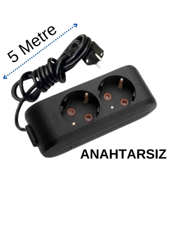 Viko (2'Li) İkili Priz Topraklı Kablolu Siyah 5 (Beş) Metre