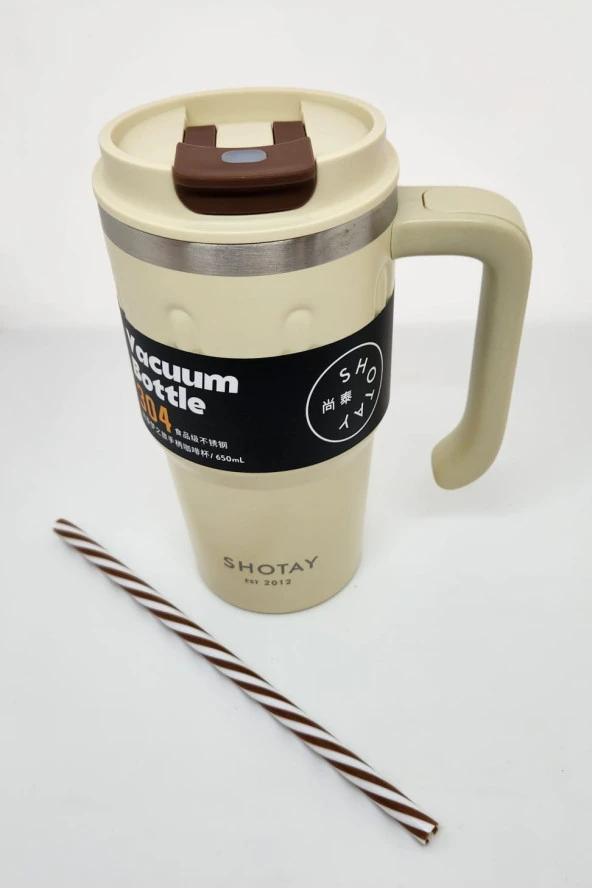 Shotay Handle Mug ST-8169 680ml Pipetli-Pipetsiz Kullanım Termos Bardak Krem - 3