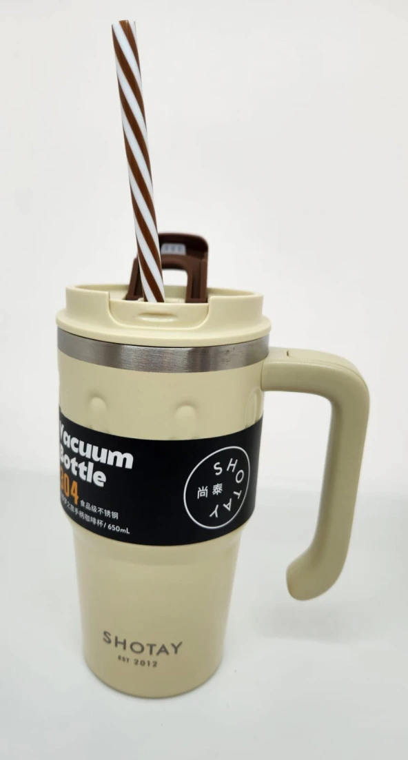 Shotay Handle Mug ST-8169 680ml Pipetli-Pipetsiz Kullanım Termos Bardak Krem - 4