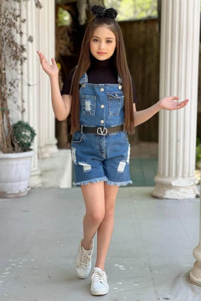 Kız Çocuk Boğazlı Yaka Tişört, Askılı Cep Detaylı Kot Şort Tulum - Resim 3