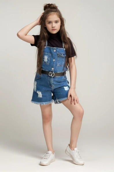 Kız Çocuk Boğazlı Yaka Tişört, Askılı Cep Detaylı Kot Şort Tulum ürün görseli