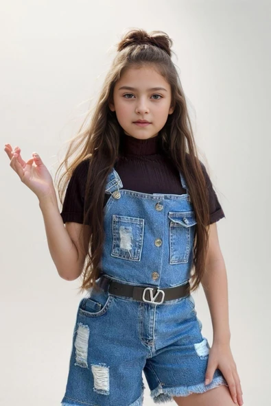 Kız Çocuk Boğazlı Yaka Tişört, Askılı Cep Detaylı Kot Şort Tulum - Resim 4