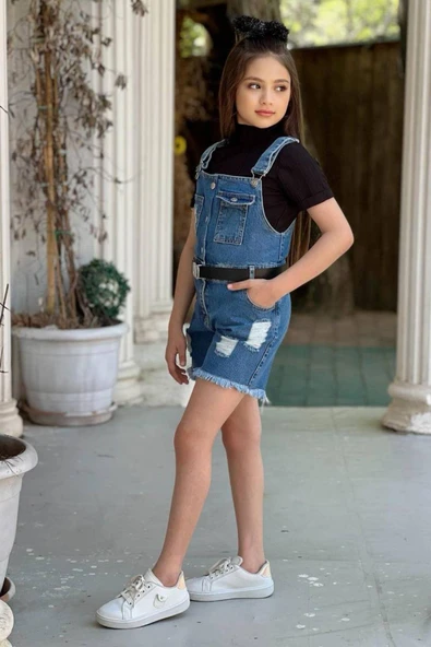 Kız Çocuk Boğazlı Yaka Tişört, Askılı Cep Detaylı Kot Şort Tulum - Resim 2