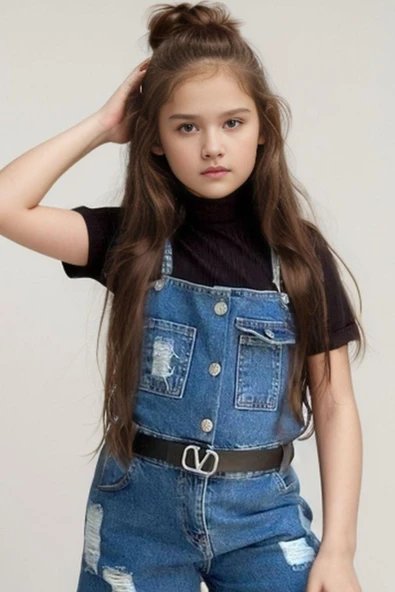 Kız Çocuk Boğazlı Yaka Tişört, Askılı Cep Detaylı Kot Şort Tulum - Resim 5