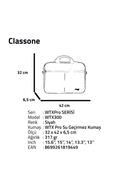 Classone WTX300 WTXpro Serisi 15.6 inch Uyumlu Su Geçirmez Kumaş Macbook, Laptop , Notebook El Çanta - 8