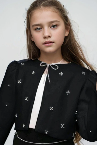 Kız Çocuk Üzeri Taş İşlemeli Etek Askılı Penye Bluz ve Siyah Blazer Ceket Etekli Takım - Resim 2