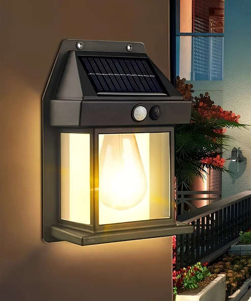 5W Solar / Güneş Enerjili Led Ampullü Duvar Fener Aplik 3200K - Sarı Işık