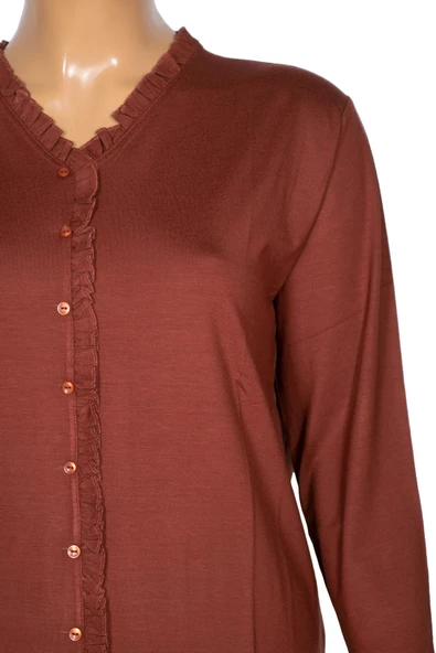 Cimariva Kadın Ülkü Büyük Beden Fırfırlı V Yaka Taba Bluz - 2