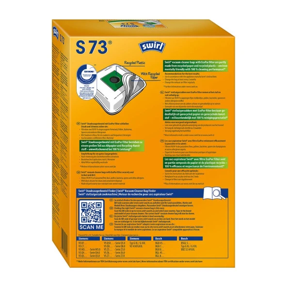Swirl S 73 EcoPor Siemens, Bosch Elektrikli Süpürgeler için  Toz Torbası - 3
