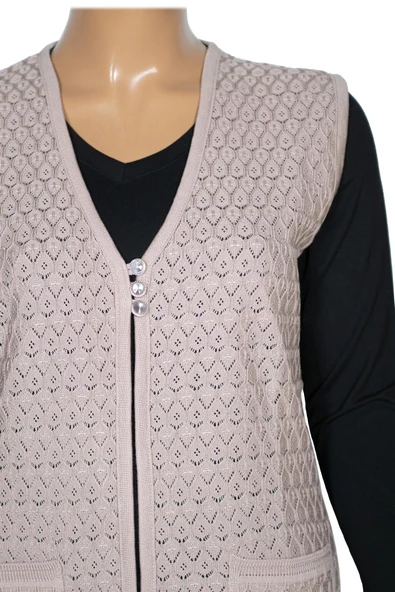 Alkım Kadın Aktan Triko Cepli 3 Düğme Ajurlu Taş Beji Yelek - Resim 2
