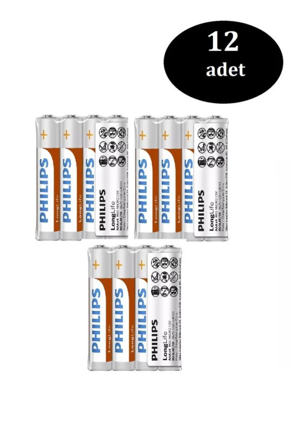 Philips Çinko 4lü Aaa Ince Pil R03 1.5V x 3 paket - 12 Adet