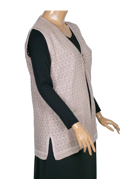 Alkım Kadın Aktan Triko Cepli 3 Düğme Ajurlu Taş Beji Yelek - Resim 3