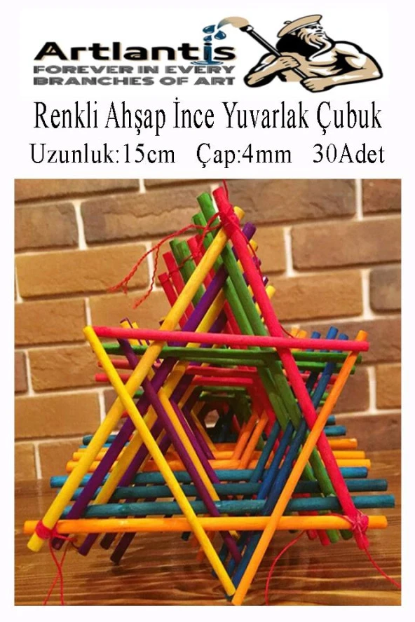 Renkli İnce Ahşap Yuvarlak Çubuk 15 cm 30 lu 1 Paket Okul Öncesi Sınıf Tasarım Etkinlik Hobi - 2