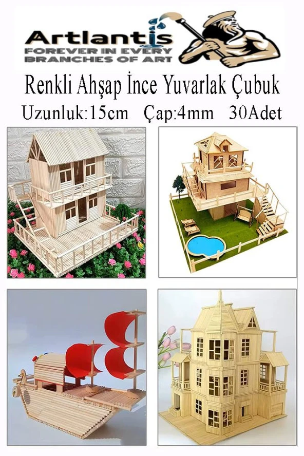 Renkli İnce Ahşap Yuvarlak Çubuk 15 cm 30 lu 1 Paket Okul Öncesi Sınıf Tasarım Etkinlik Hobi - 3