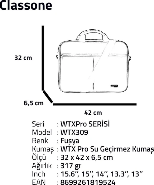 Classone WTX309 Wtxpro serisi 15.6 Inch Uyumlu Su Geçirmez Kumaş Macbook, Laptop , Notebook El Çanta - 7