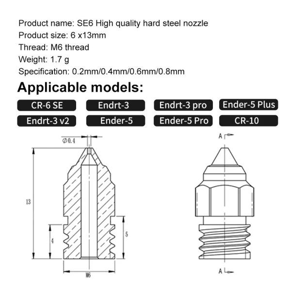 Creality  Cr-6 SE-Max-Ender 3 S1 Uyumlu Sertleştirilmiş Çelik Nozzle(0.4mm) - Resim 2