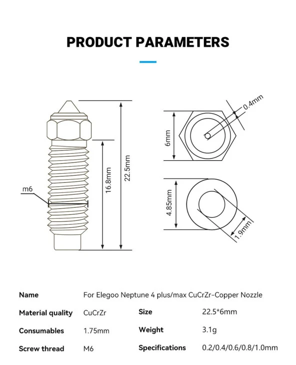 Elegoo Neptune 4 Plus-Max Krom Zirkonyum Bakır  Nozzle 500°C(1.0mm) - Resim 3