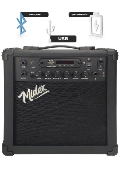 Midex MGA-25BK Şarjlı Elektro Gitar Amfisi 25 WATT Gain Bluetooth Usb Distortion - Resim 3