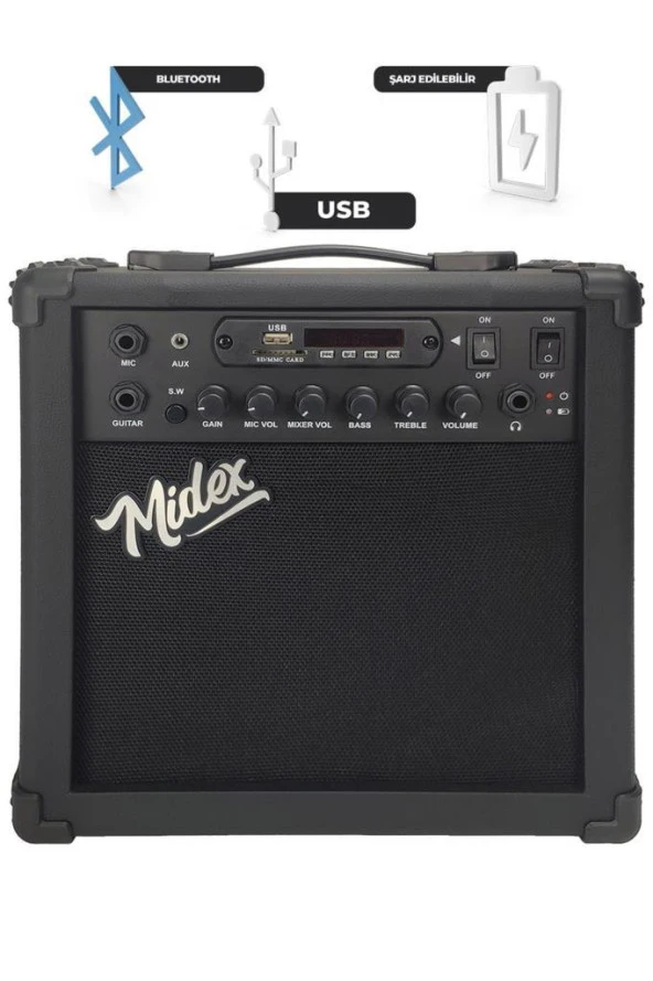 Midex MGA-25XBK Şarjlı Elektro Gitar Amfisi 25 WATT Gain Bluetooth Usb Distortion - 2
