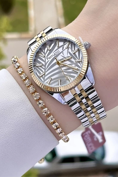 Ferrucci FCISTE288 Gold Gümüş Renk Hediye Paketli Kadın Kol Saati ve Bileklik ürün görseli 1