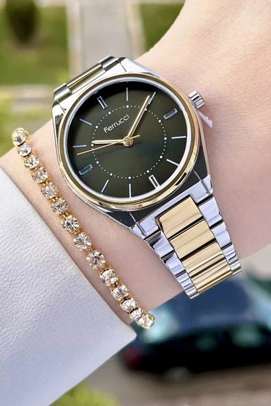 Ferrucci FCISTE285 Kadranı Yeşil Kordonu Gold Gümüş Renk Hediye Paketli Kadın Kol Saati ve Bileklik ürün görseli 1