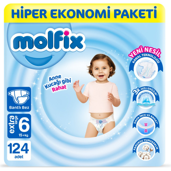 Molfix Bebek Bezi 6 Beden E.large Hiper Ekonomi Paketi 124 Adet