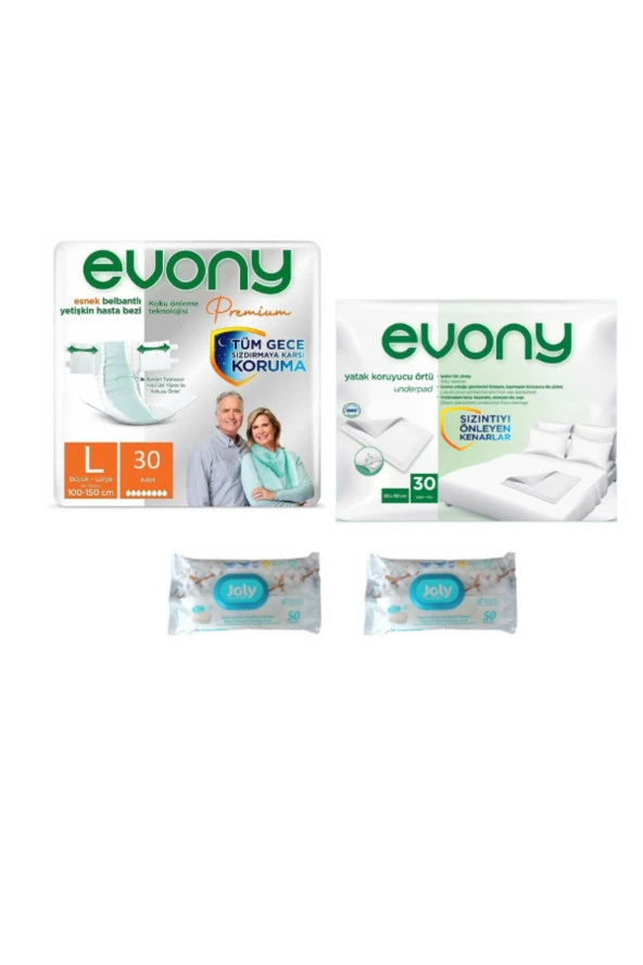Yetişkin Bez Large 30lu+Hasta Altı Örtüsü 30 lu+Joly Vücut-Perine Bölgesi Temizleme 50li(2adet