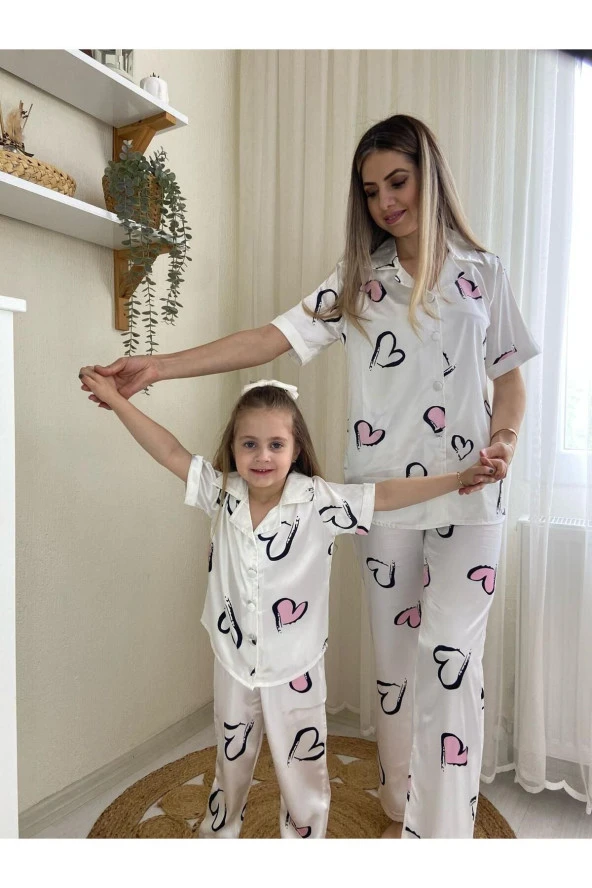Anneler Günü kombini kalpli anne-kız pijama partisi saten (FİYAT BİR TAKIM İÇİN GEÇERLİDİR) - 3