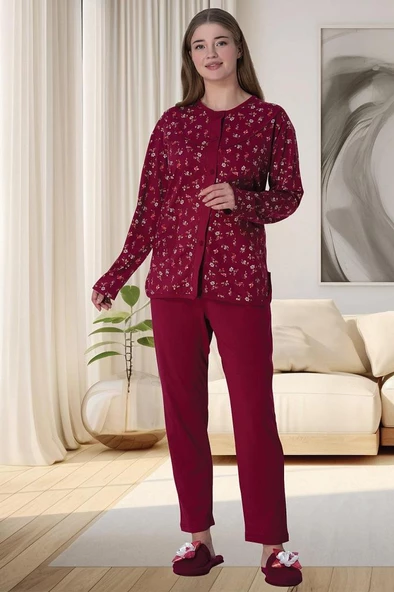 Mecit 6018 Bordo Boydan Düğmeli Büyük Beden Kadın Pijama Takımı