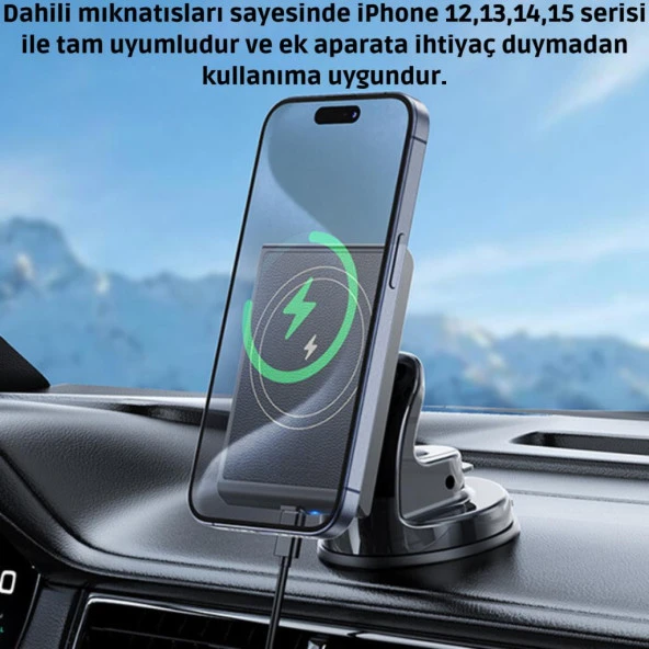 Polham 15W Kablosuz Şarjlı Magsafeli Araç İçi Telefon Tutucu, Torpido ÜStü Ultra Stabil Telefon Tutucu - 3