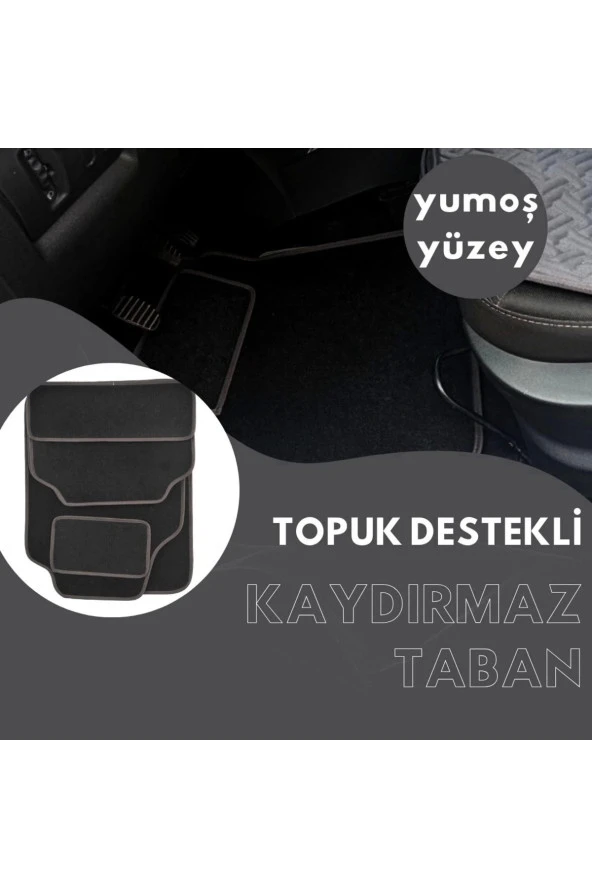 Her Araca Uyumlu Siyah Renk Topuk Destekli Kaydırmaz Tabanlı Üstü Yumoş Kumaş Oto Halı Paspas,Gri - Resim 2