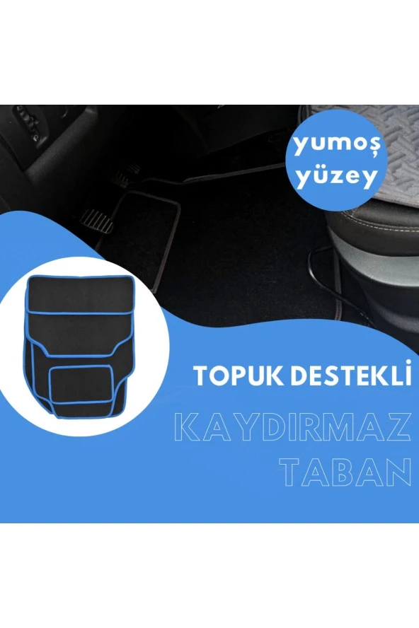 Her Araca Uyumlu Siyah Renk Topuk Destekli Kaydırmaz Tabanlı Üstü Yumoş Kumaş Oto Halı Paspas, Mavi - Resim 2