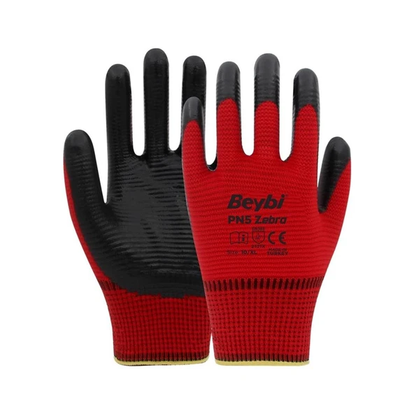 Beybi Nitril PMK PN5 Zebra Kırmzı Siyah 9 Beden 12li Paket - Resim 2
