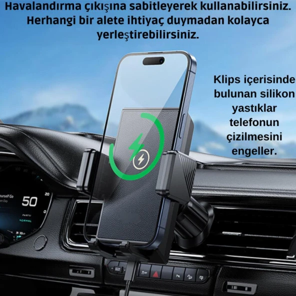 Polham 15W Kablosuz Şarjlı Araç İçi Telefon Tutucu, Kilit Sistemli Klipsli Stabil Telefon Tutucu - 3