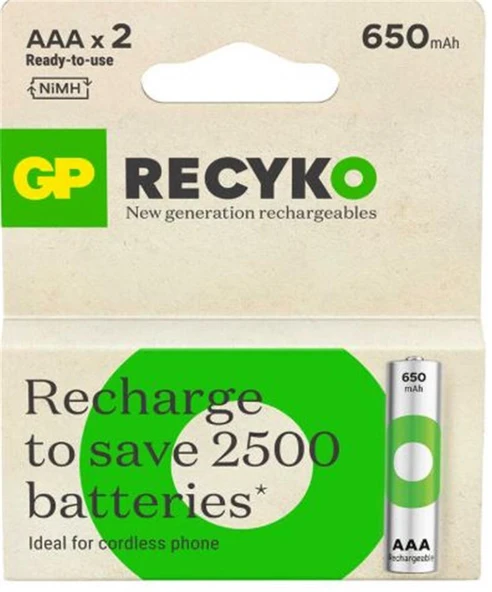 GP AAA 650 mAh Şarjlı İnce Kalem Pil 2'li Paket GP65AAAHCHP-BU2 ürün görseli 1
