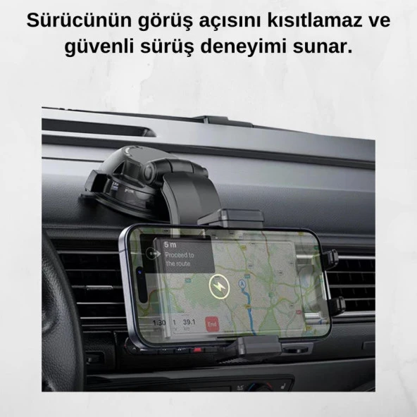 Coofbe Torpido Üstü Ve Ön Cama Yapışan 15W Kablosuz Araç Şarjı Tutucu İphone 12 13 14 15 Pro Max Uyumlu - 4