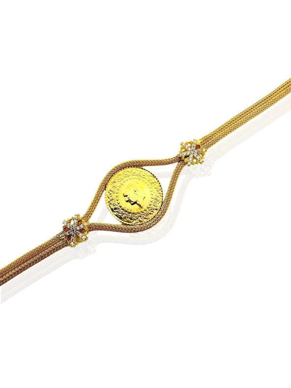 Darphane Çeyrek Kazaz Örme Zincir Kartanesi Altın Çeyrekli Bileklik - Resim 2