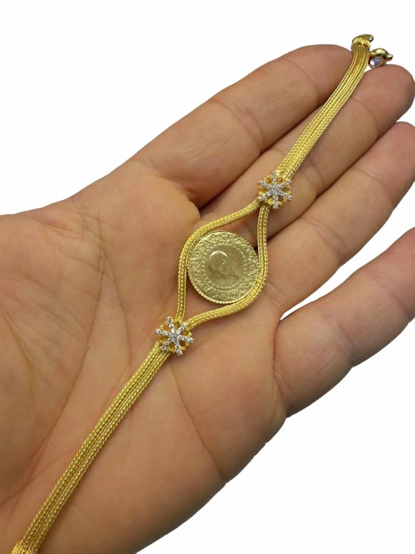 Darphane Çeyrek Kazaz Örme Zincir Kartanesi Altın Çeyrekli Bileklik - Resim 5