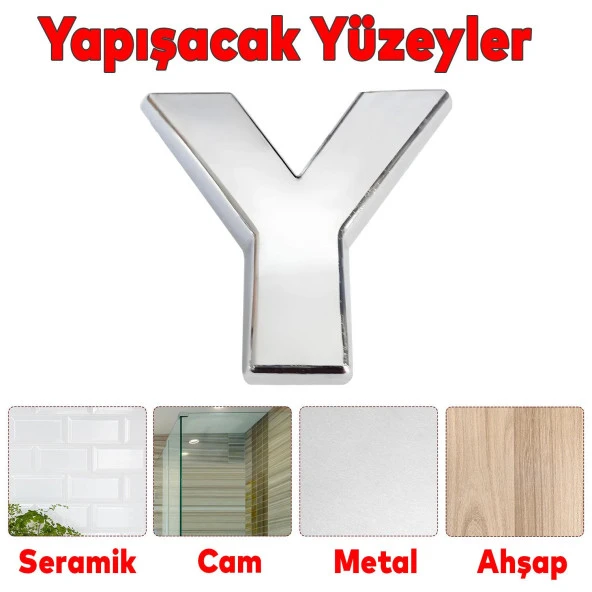 Harf Yapışkanlı Y Harfi 5 cm Kapı Oda Posta Kutusu Oto Araç Harfi Yazısı Parlak Krom Gümüş - 5