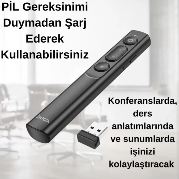Coofbe 100Mt Mesafeli USB Girişli Şarjlı RF2.4GHz Projeksiyon Sunum Kumandası Kırmızı Lazer İşaretçili - 2