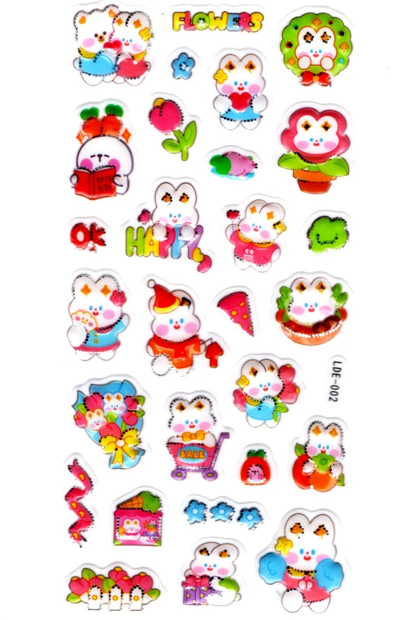 Sticker Kabartmalı Stiker Defter Planlayıcı Etiket (Lde002)-19x9cm - Tavşan Çiçek Kawaii